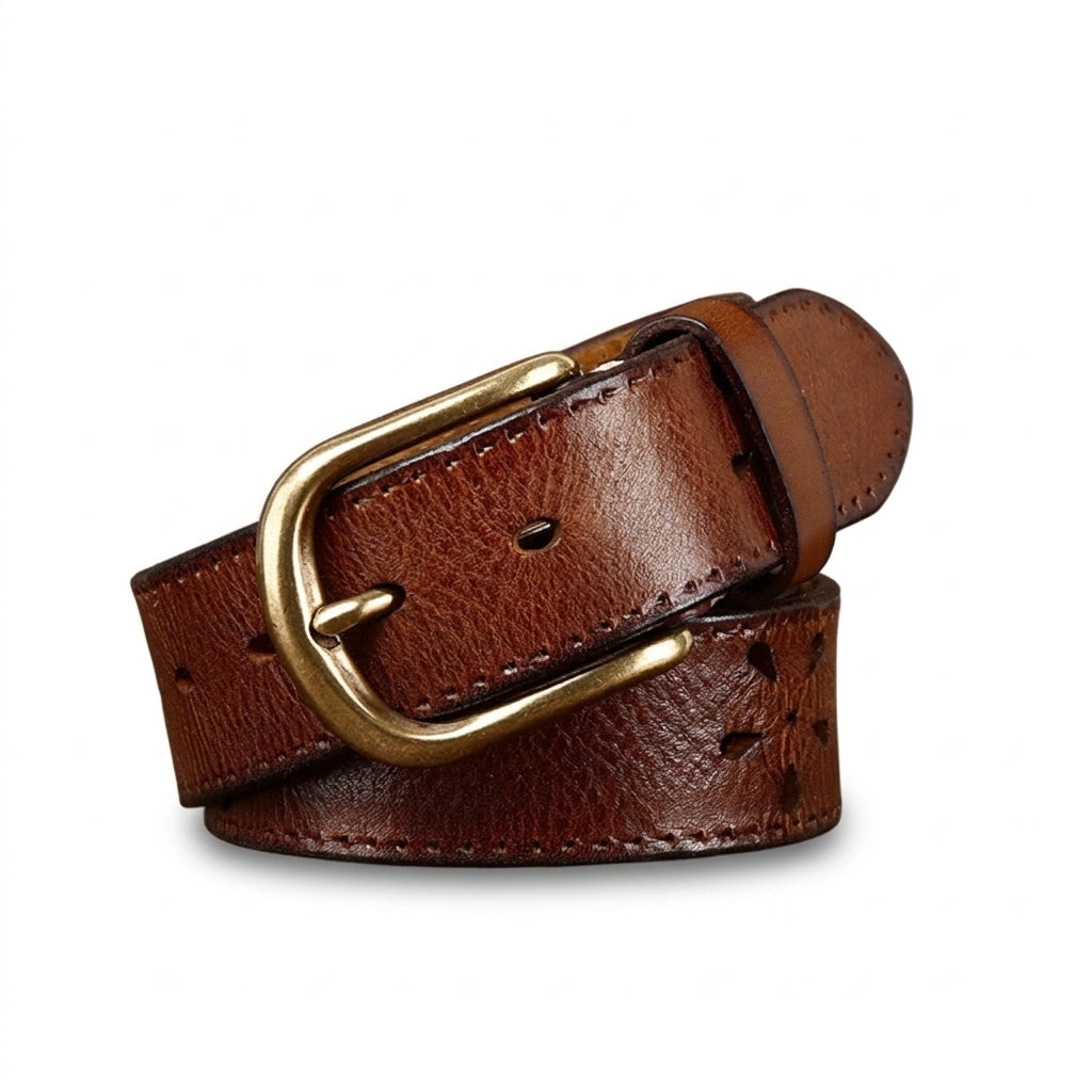 Ceinture pour homme Batignolles en cuir pleine fleur marron vieilli avec perforations décoratives et boucle ardillon en cuivre doré
