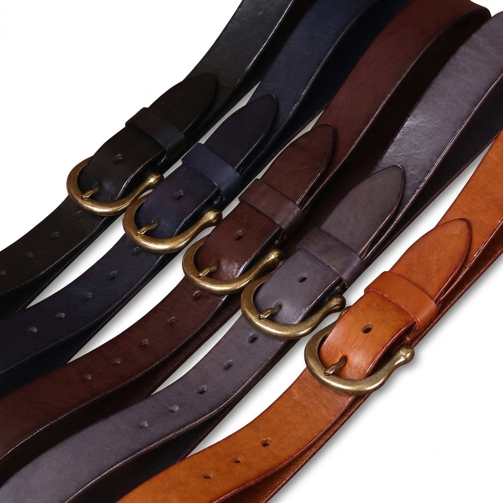 Collection de ceintures homme Baudelaire en cuir pleine fleur avec boucle ardillon en cuivre massif, déclinées en plusieurs coloris naturels
