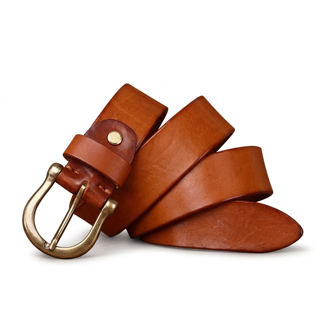 Ceinture homme Baudelaire en cuir pleine fleur marron patiné avec boucle ardillon en cuivre massif antique et étiquette en cuir sur fond brun #fullwidth