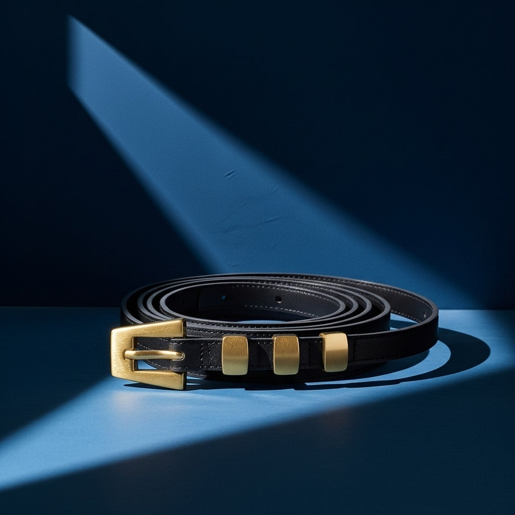 Ceinture fine noire en cuir nubuck avec boucle ardillon dorée et trois passants carrés dorés, modèle Béatrice. #fullwidth