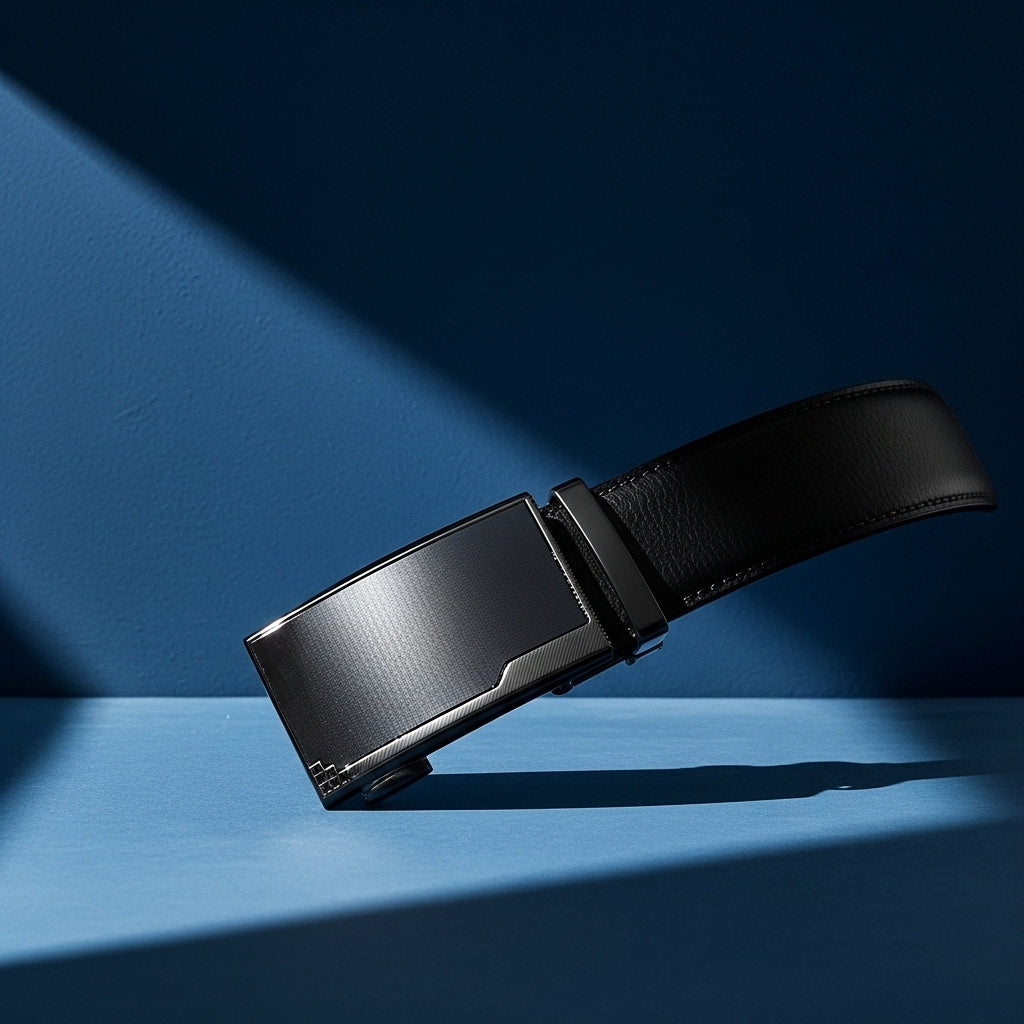 Ceinture Beaubour homme en cuir de vachette noir avec boucle automatique rectangulaire argentée texturée #fullwidth