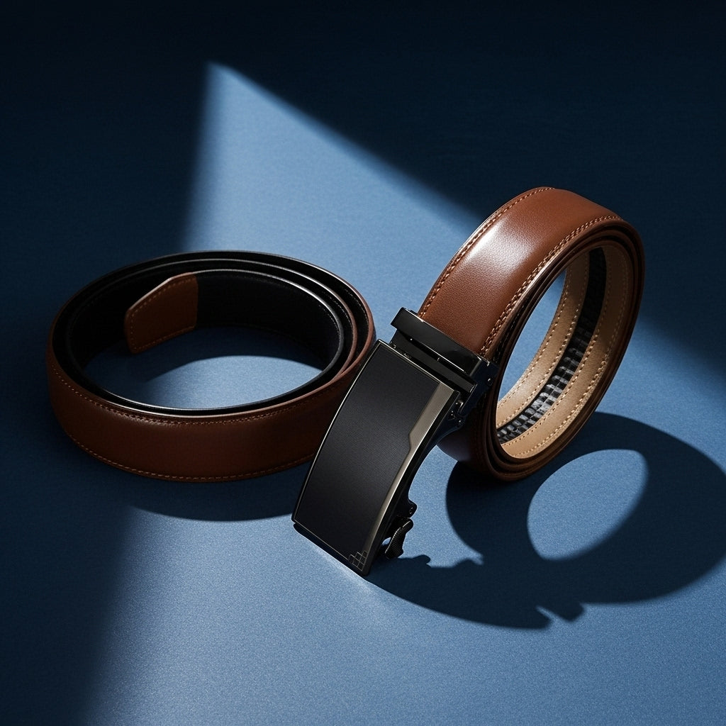 Ceinture Beaubour 95 en cuir de vachette marron avec boucle automatique rectangulaire argentée sur fond bleu avec jeux d'ombre #fullwidth