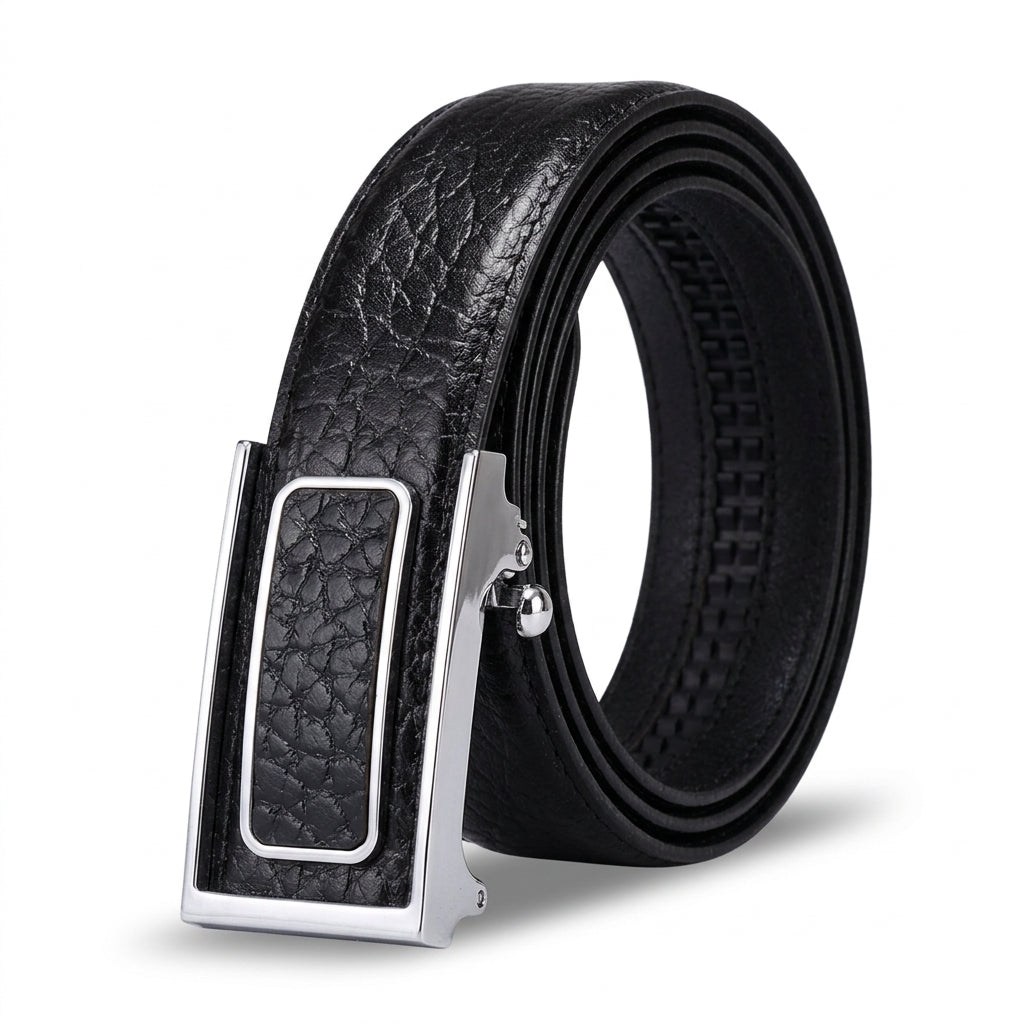 Ceinture homme Beauvoir en cuir de vachette pleine fleur noir avec boucle automatique rectangulaire en alliage argenté et mécanisme cranté sans trou