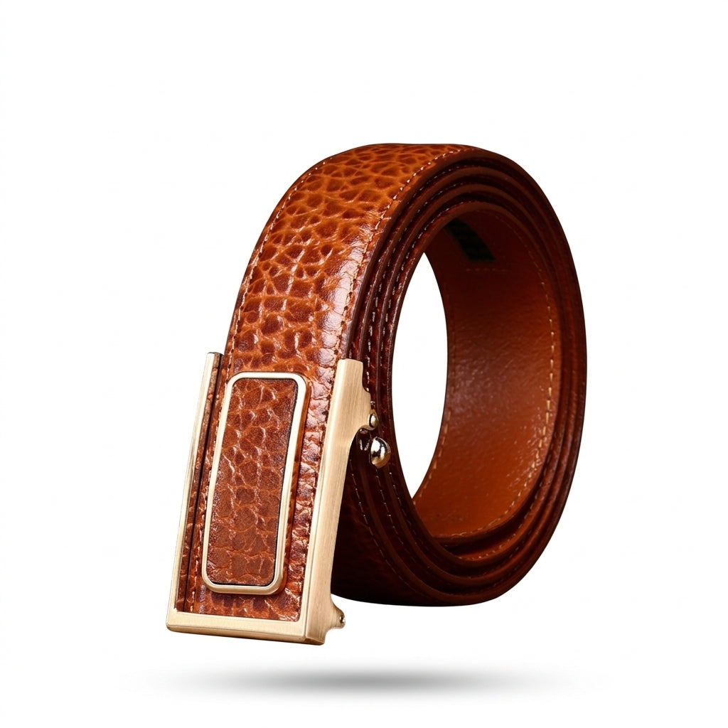Ceinture homme Beauvoir en cuir pleine fleur marron avec texture grainée et boucle automatique rectangulaire dorée