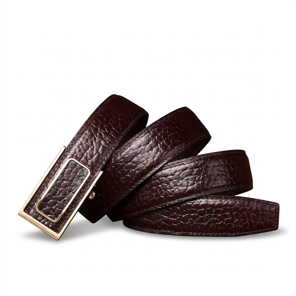 Ceinture homme Beauvoir en cuir pleine fleur marron grainé avec boucle automatique rectangulaire argentée et insert texturé