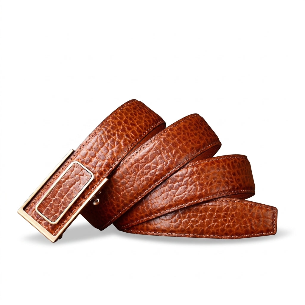 Ceinture homme Beauvoir en cuir pleine fleur de vachette marron avec texture grainée et boucle automatique rectangulaire argentée