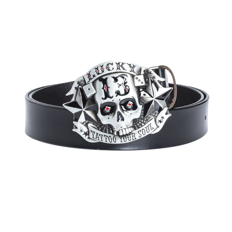 Ceinture homme Belle Épine noire avec boucle tête de mort "Lucky 13" et inscription "Tattoo Your Soul".
