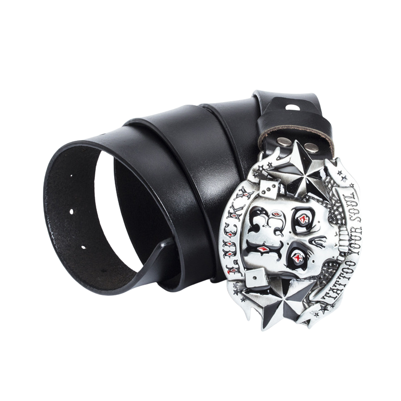 Ceinture homme Belle Épine noire en cuir avec boucle argentée tête de mort style rock Lucky 13 #fullwidth