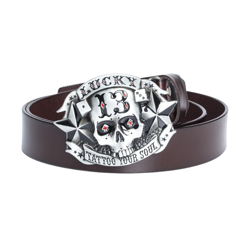 Ceinture homme Belle Épine en cuir marron avec boucle tête de mort Lucky 13 "Tattoo Your Soul" argentée"