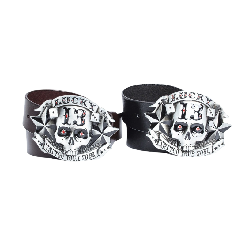 Ceinture Belle Épine pour homme avec boucle tête de mort Lucky 13 et inscription "TATTOO YOUR SOUL"