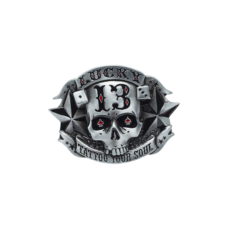 Boucle de ceinture argentée pour homme Belle Épine avec tête de mort Lucky 13, étoiles et dés, inscription "TATTOO YOUR SOUL"