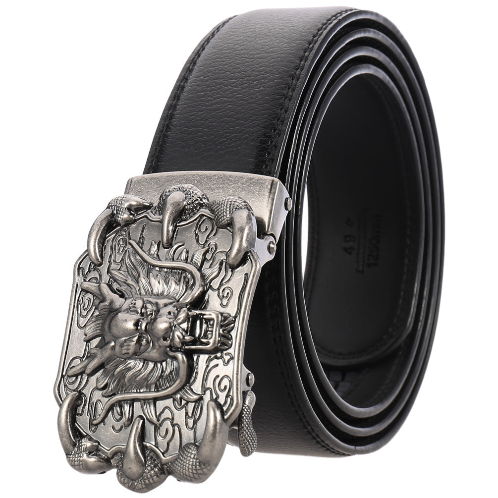Ceinture homme Bellev 20 en cuir noir avec boucle argentée ornée d'un dragon chinois traditionnel.