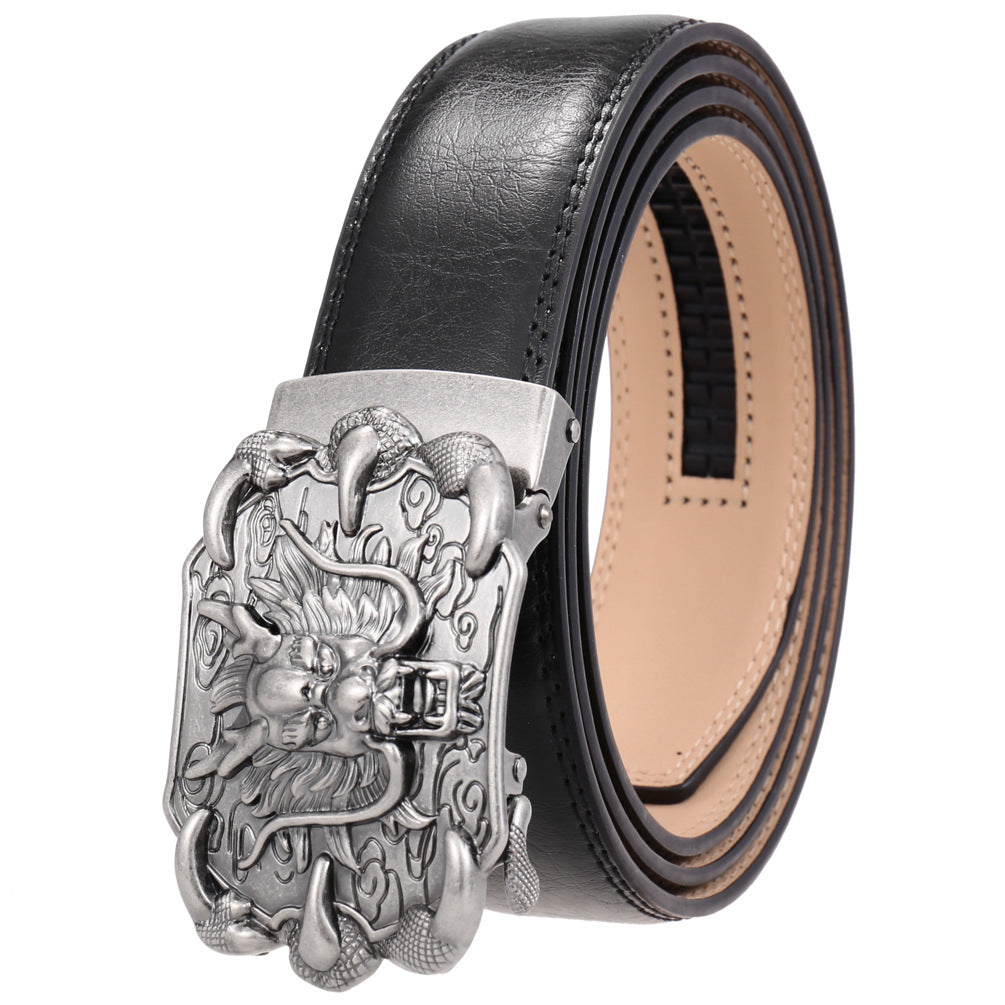 Ceinture homme Bellev 60 noire avec boucle rectangulaire argentée ornée d'un dragon chinois traditionnel et de griffes #fullwidth