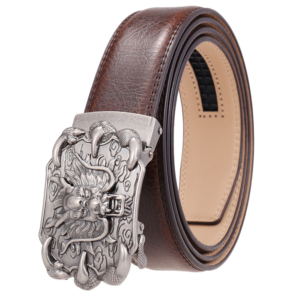 Ceinture homme Bellev 60 en cuir marron avec boucle argentée ornée d'un dragon traditionnel chinois
