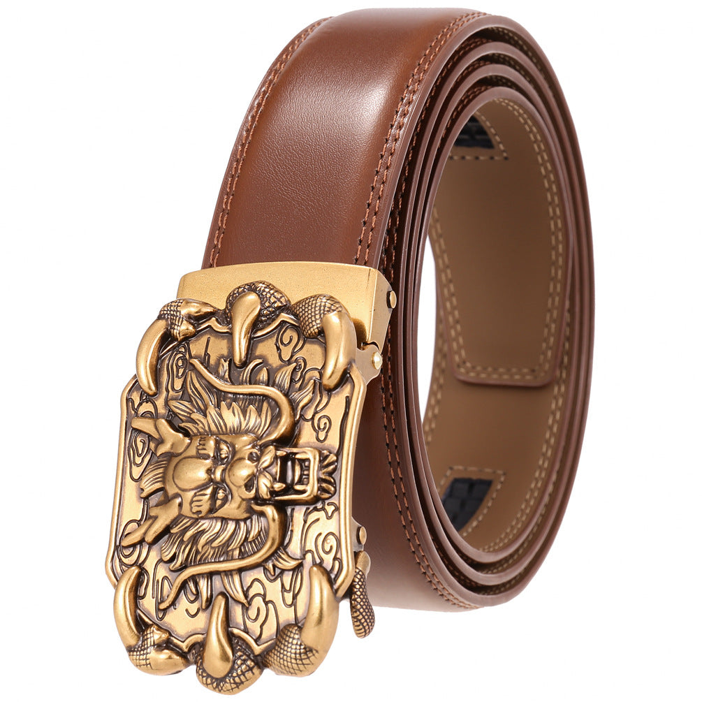 Ceinture homme Bellev 95 en cuir marron avec boucle automatique dorée ornée d'un motif dragon traditionnel et griffes #fullwidth