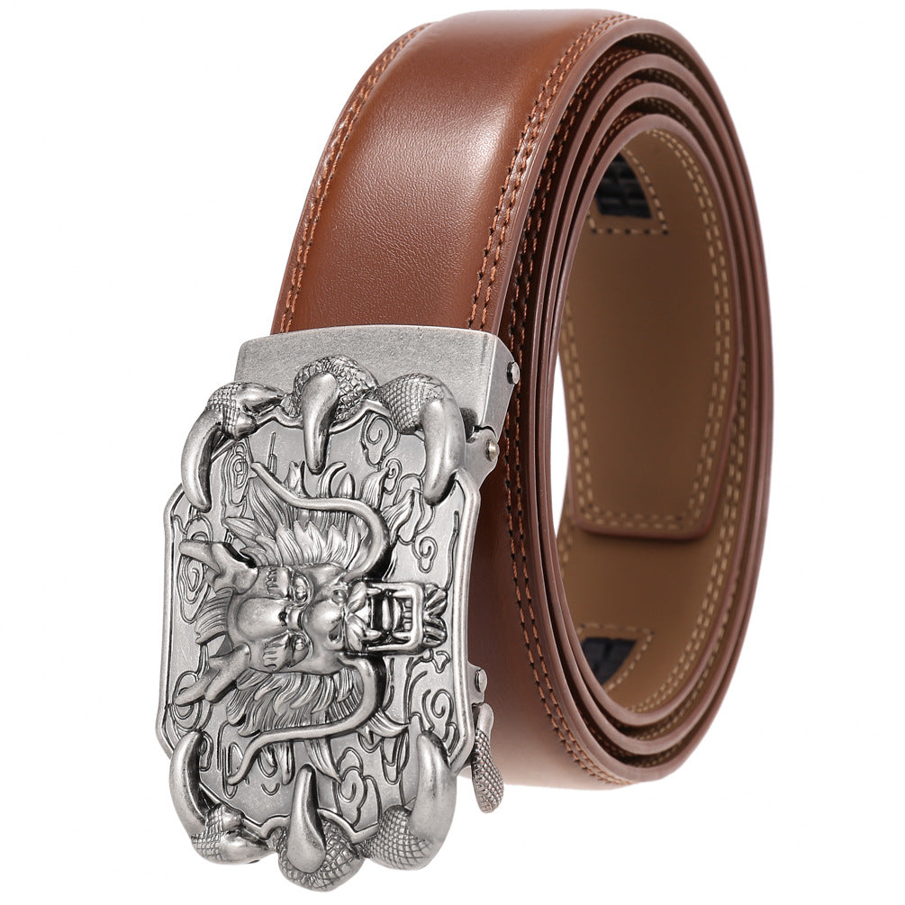 Ceinture homme Bellev 95 en cuir marron avec boucle argentée ornée d'un dragon traditionnel et d'une griffe #fullwidth
