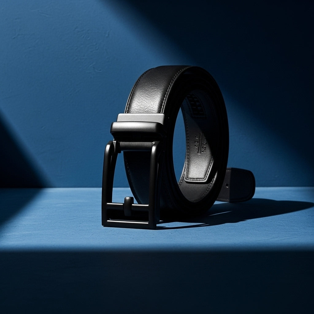 Ceinture unisexe Benoît 1 en cuir de vachette grainé noir avec boucle automatique rectangulaire noire mate sur fond bleu #fullwidth