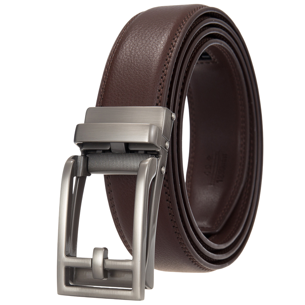 Ceinture unisexe Benoît 1 en cuir de vachette grainé marron avec boucle automatique argentée.