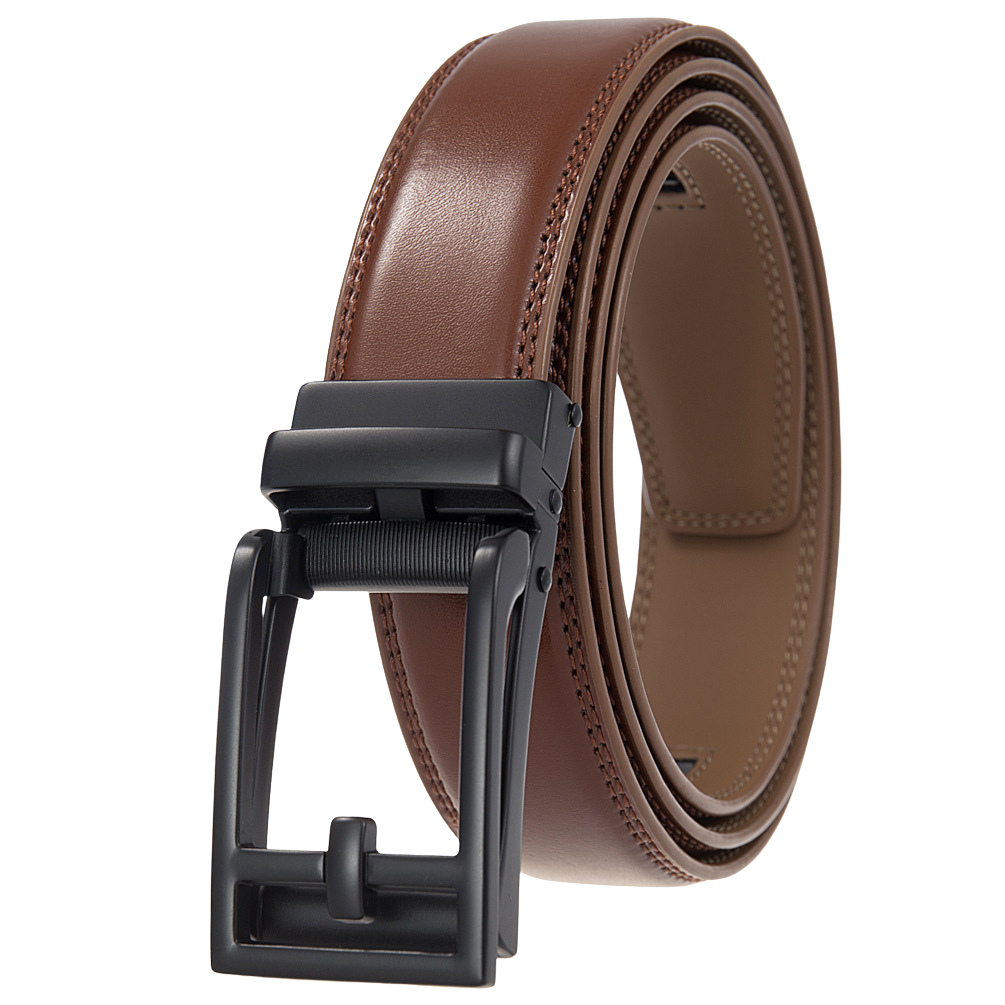 Ceinture unisexe Benoît 2 en cuir de vachette marron avec boucle automatique noire mate et coutures contrastées.