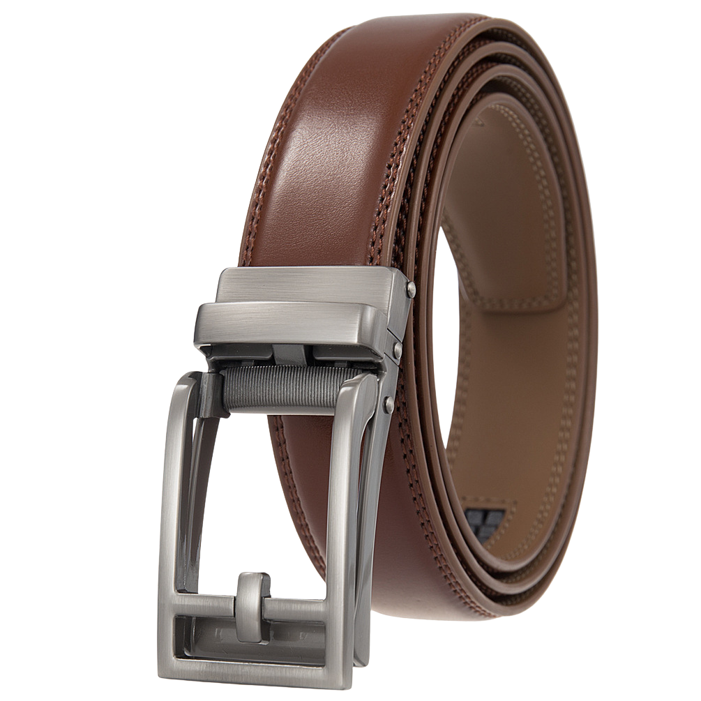 Ceinture unisexe Benoît 2 en cuir marron avec boucle rectangulaire automatique en argent mat