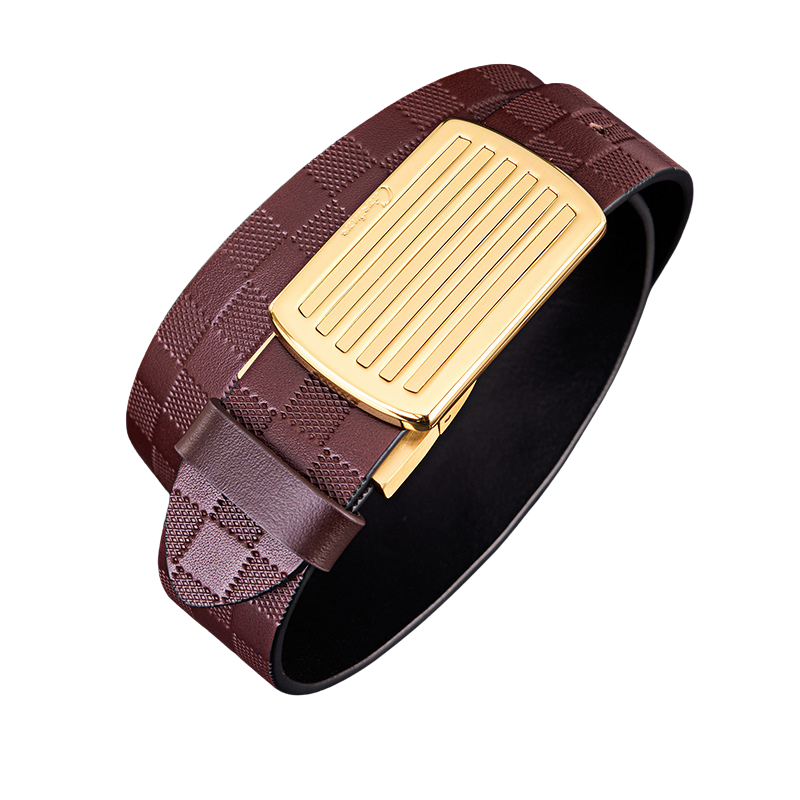 Ceinture homme Benoît Bleu 1 en cuir marron avec boucle rectangulaire dorée et motif damier discret