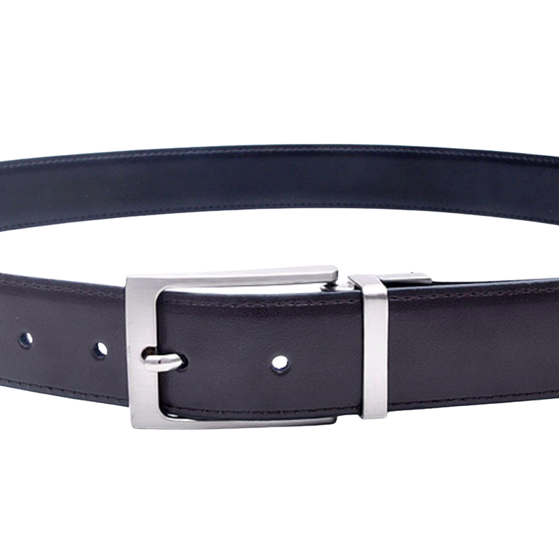 Ceinture réversible BenoîtArt pour homme, cuir refendu de vachette noir et bleu, boucle rectangulaire argentée rotative.