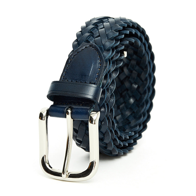 Ceinture Bercy bleue en cuir tressé avec boucle ardillon argentée