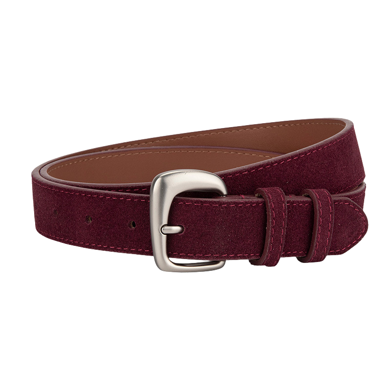 Ceinture fine Bérengère en cuir de vachette bordeaux avec finition suédé et boucle argentée mate.