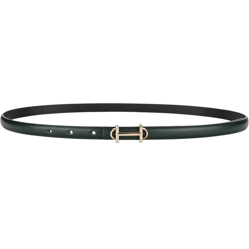 Ceinture fine pour femme Bonté en cuir vert foncé avec boucle dorée en forme de H.