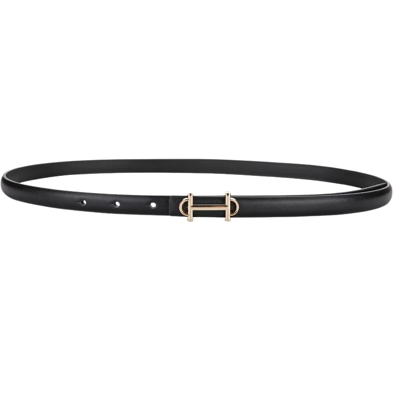 Ceinture fine en cuir noir pour femme Bonté, avec boucle dorée en forme de H et finition lisse. Idéale pour sublimer toutes vos tenues.