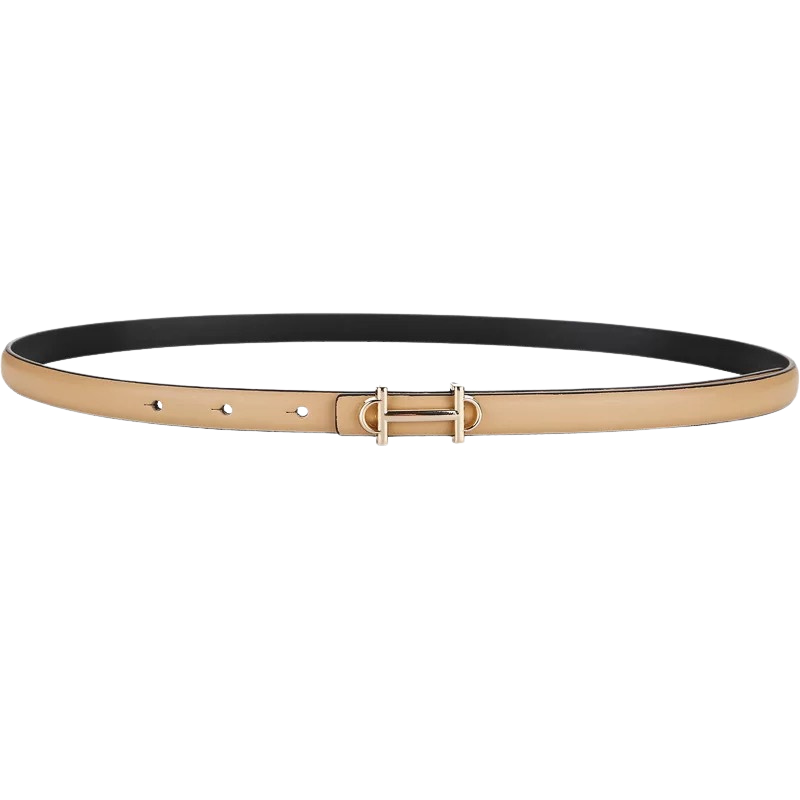 Ceinture fine pour femme Bonté en cuir beige avec boucle dorée en forme de H.