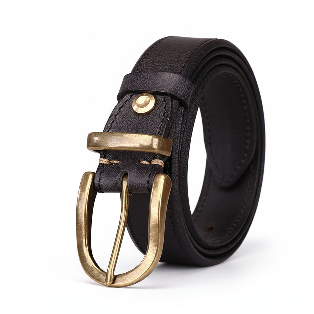 Ceinture homme Bravura Cuir noire en cuir de vachette pleine fleur huilé, avec boucle ardillon arrondie en cuivre doré, finition artisanale vieillie. #fullwidth
