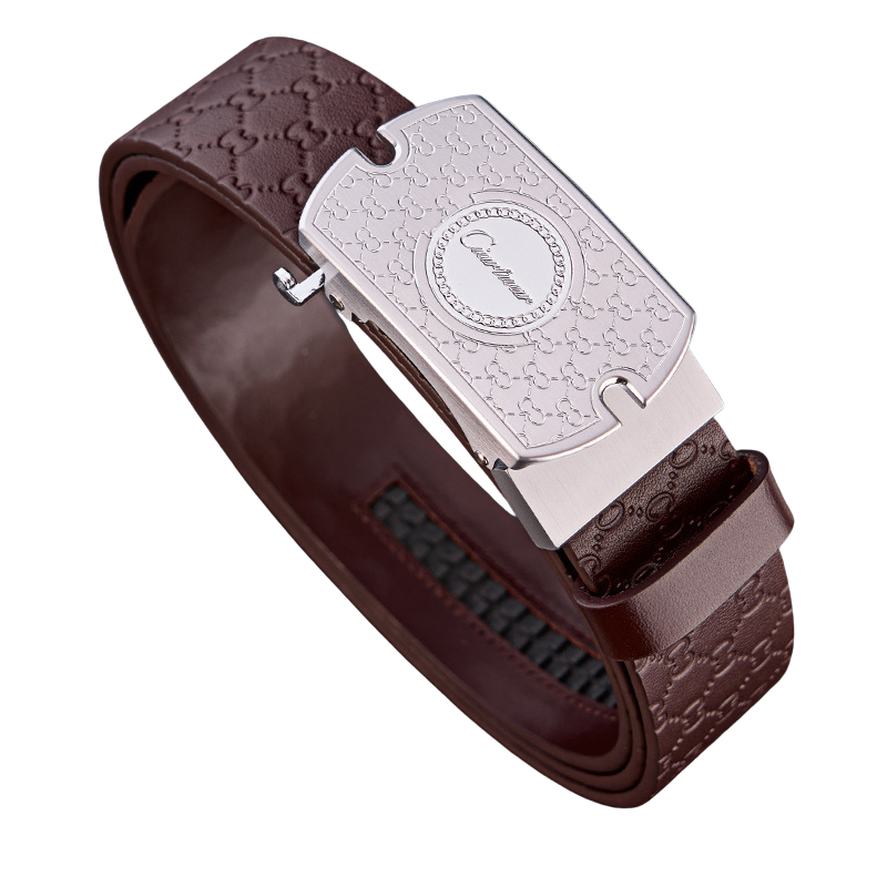 Ceinture homme Bretagne en cuir marron avec motif embossé et boucle ardillon rectangulaire argentée.
