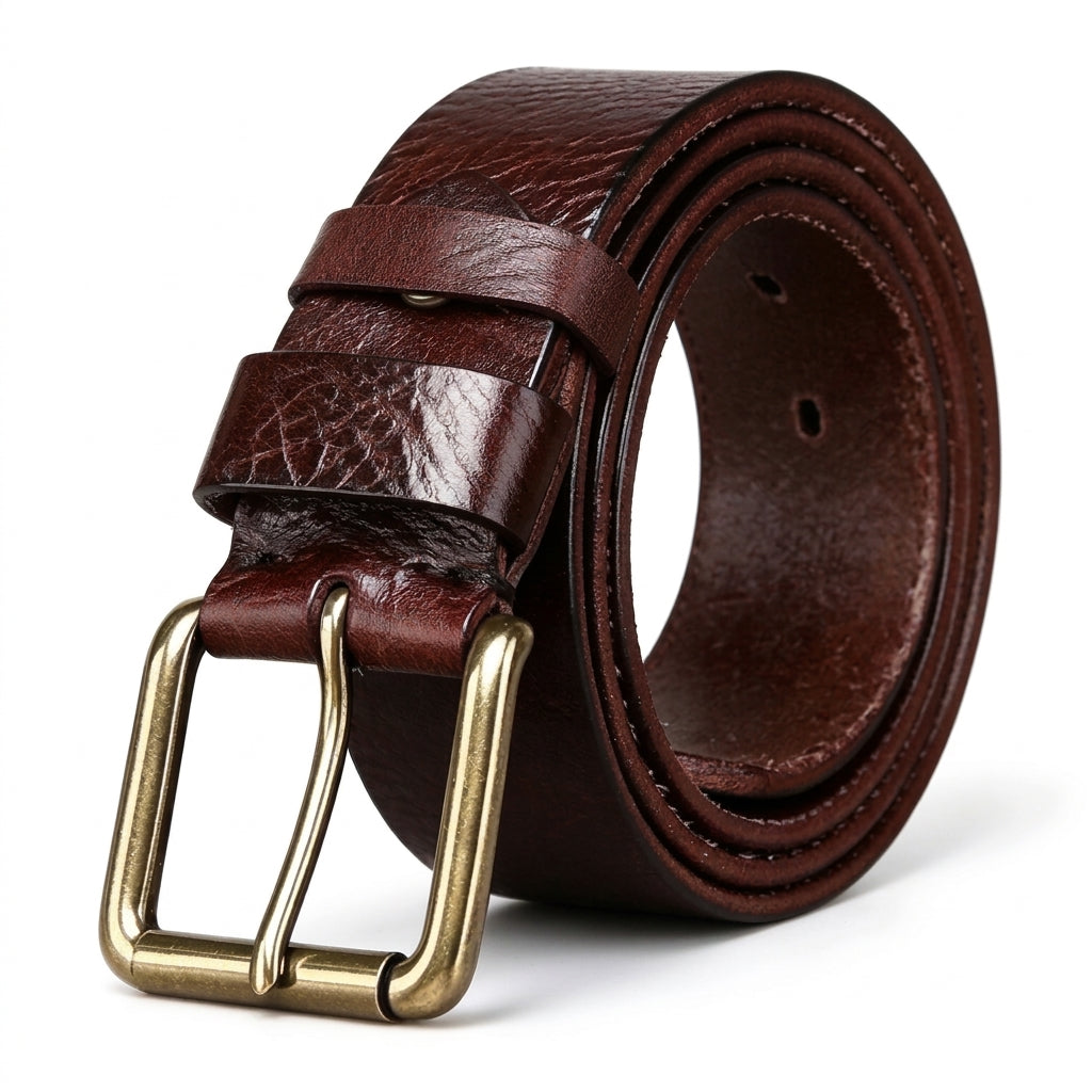 Ceinture homme Brissac en cuir pleine fleur de vachette marron, style vintage avec finition huilée et boucle ardillon rectangulaire en cuivre patiné