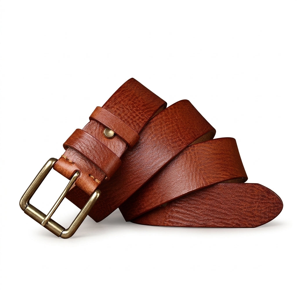 Ceinture homme Brissac en cuir de vachette pleine fleur marron avec boucle ardillon en cuivre patiné sur fond sombre #fullwidth