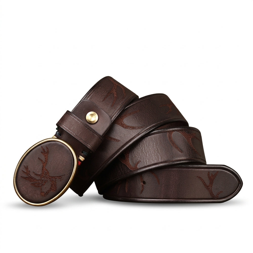 Ceinture homme Brocard en cuir pleine fleur marron avec gravures de cerf et boucle ovale en cuivre vieilli