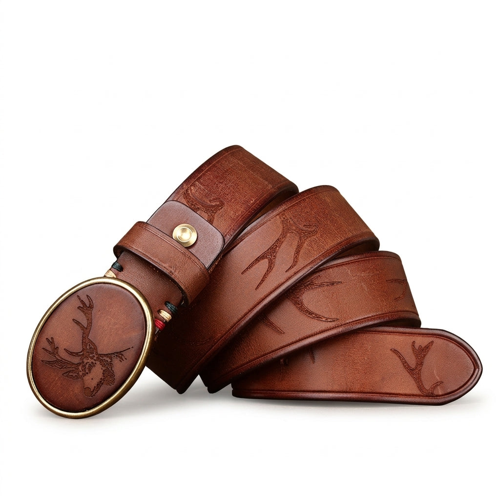 Ceinture homme Brocard en cuir pleine fleur marron avec gravures de cerf et boucle ovale en cuivre vieilli