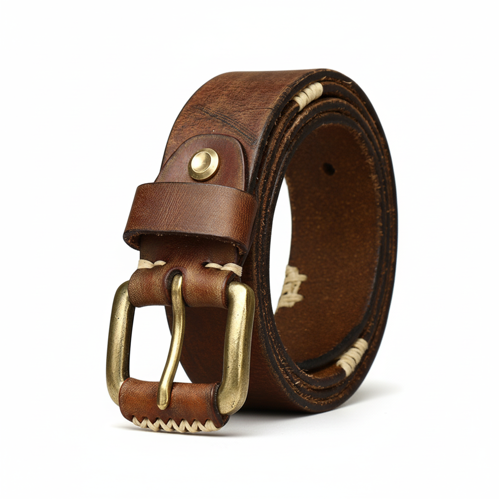 Ceinture Broncborn en cuir pleine fleur marron vieilli, boucle ardillon carrée en cuivre doré, coutures contrastantes cousues main.