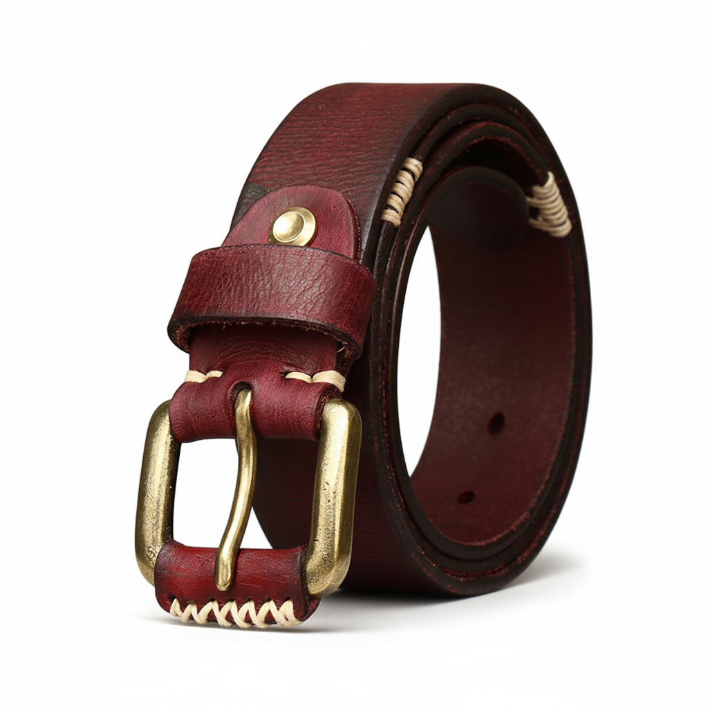 Ceinture Broncborn en cuir pleine fleur rouge avec boucle carrée en laiton vieilli et coutures contrastantes.