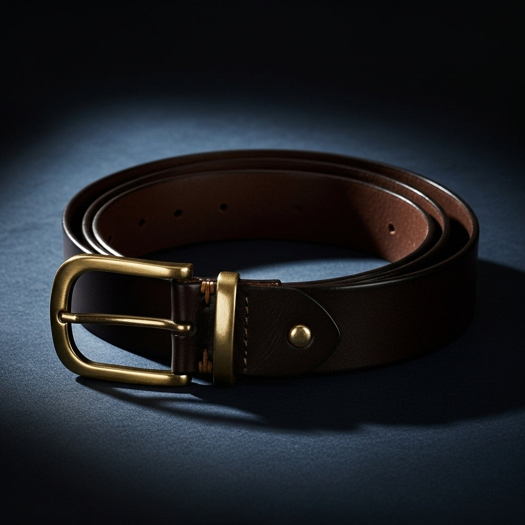Ceinture Brunor en cuir marron foncé avec boucle ardillon ovale en cuivre vieilli, coutures apparentes et rivets discrets. Parfaite pour un look casual chic. #fullwidth