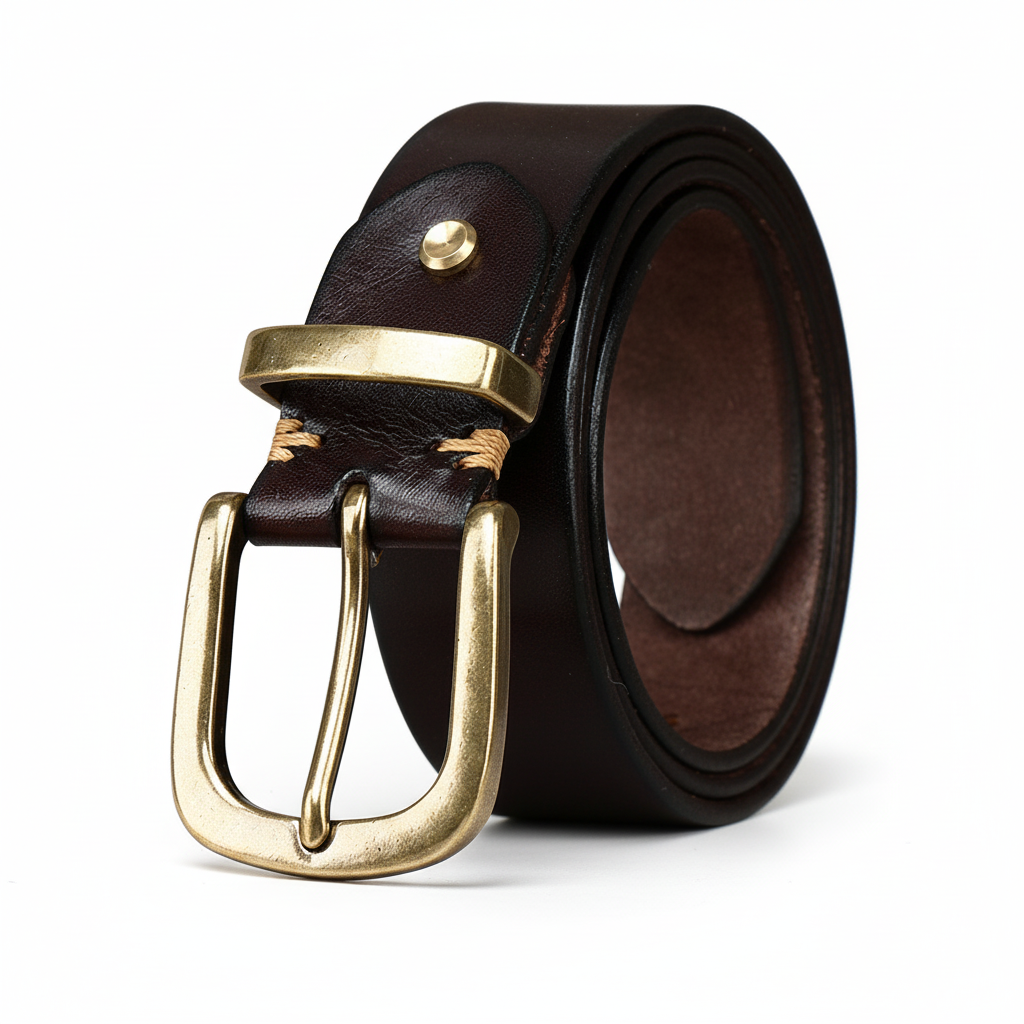 Ceinture Brunor en cuir marron foncé vieilli avec une boucle ardillon ovale en cuivre doré vieilli et coutures apparentes.