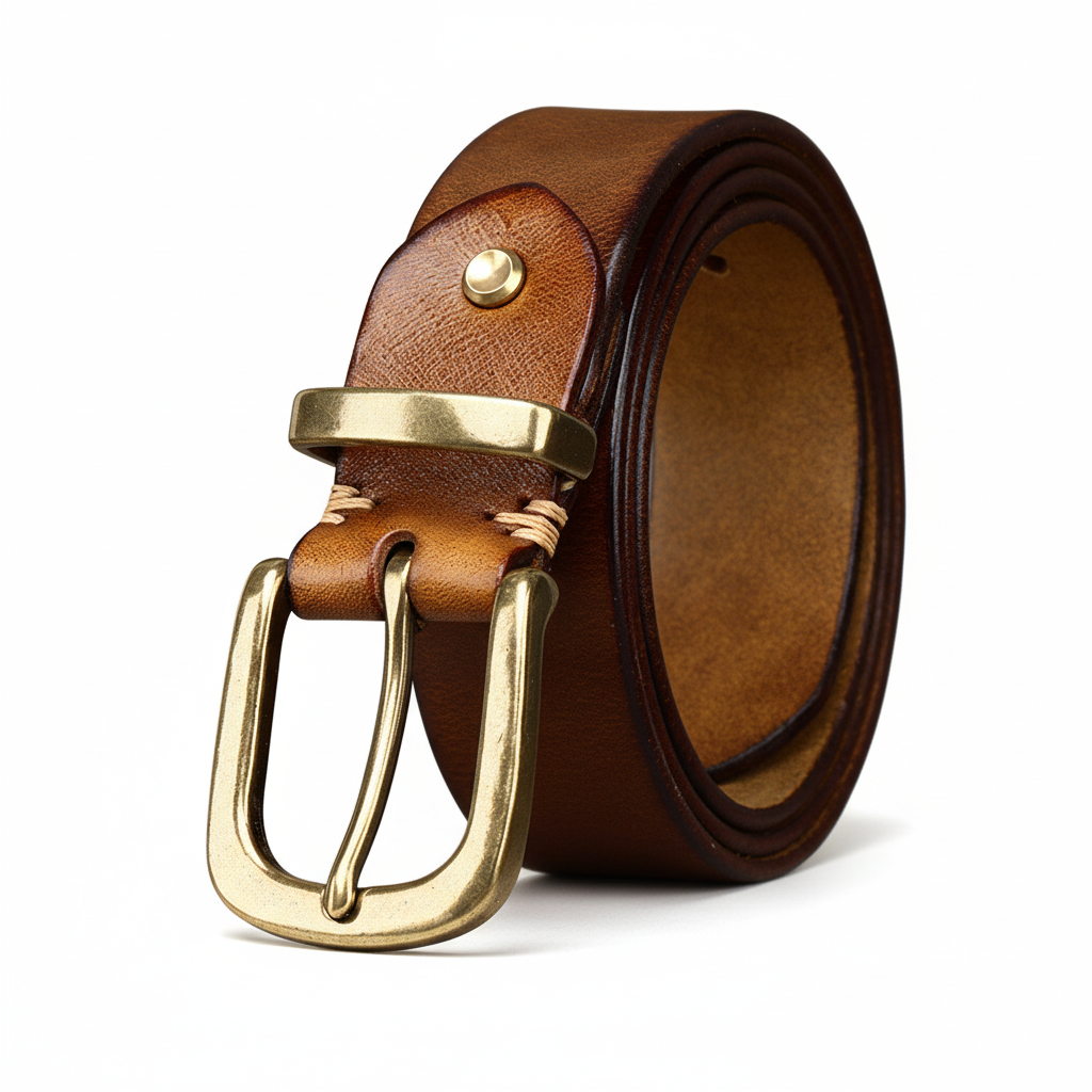 Ceinture Brunor en cuir pleine fleur de vachette couleur chameau avec boucle ardillon ovale en cuivre doré vieilli et coutures apparentes artisanales. #fullwidth