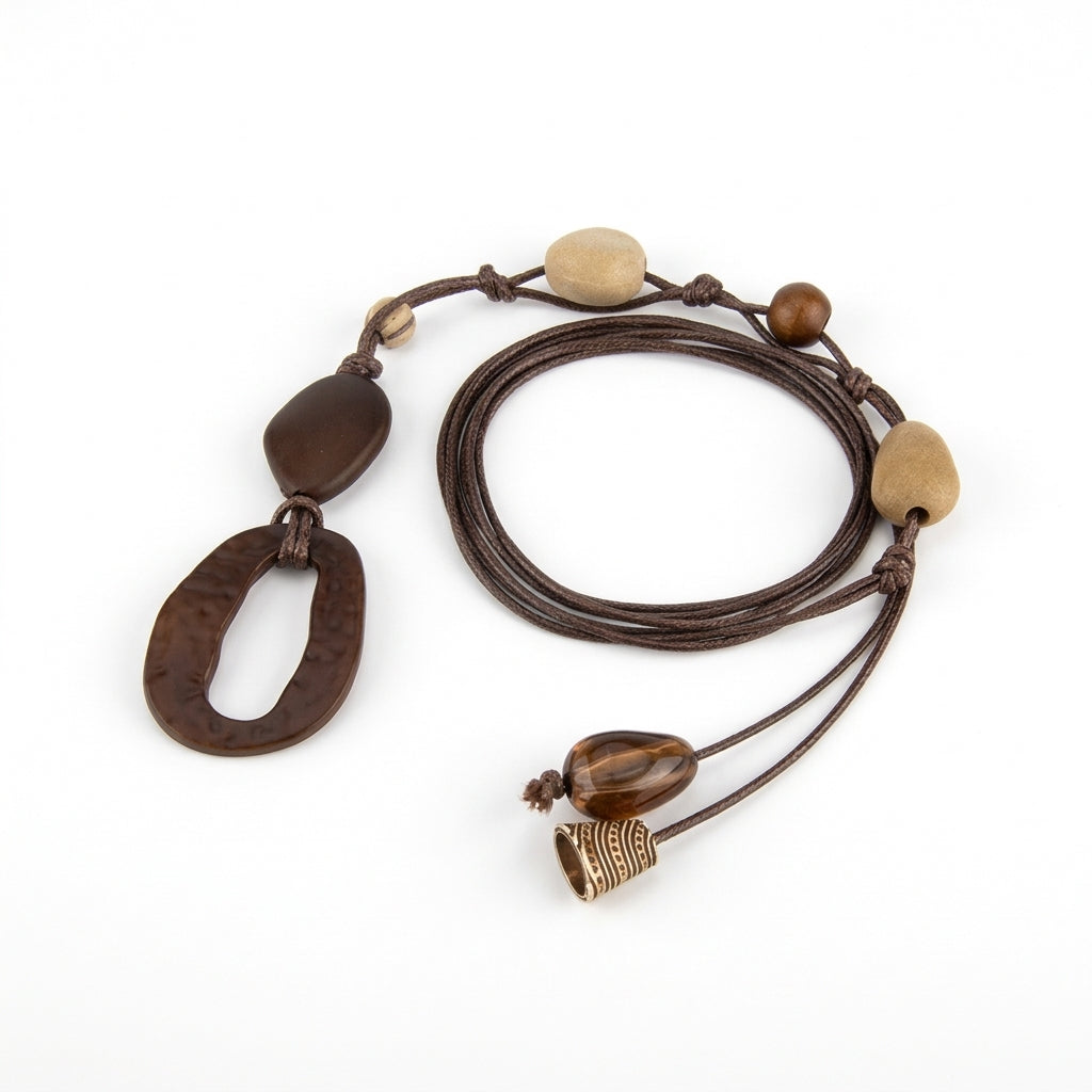 Chaîne de taille bohème chic Calanque en cordons tressés marron avec perles géométriques en bois et pampilles métalliques décoratives