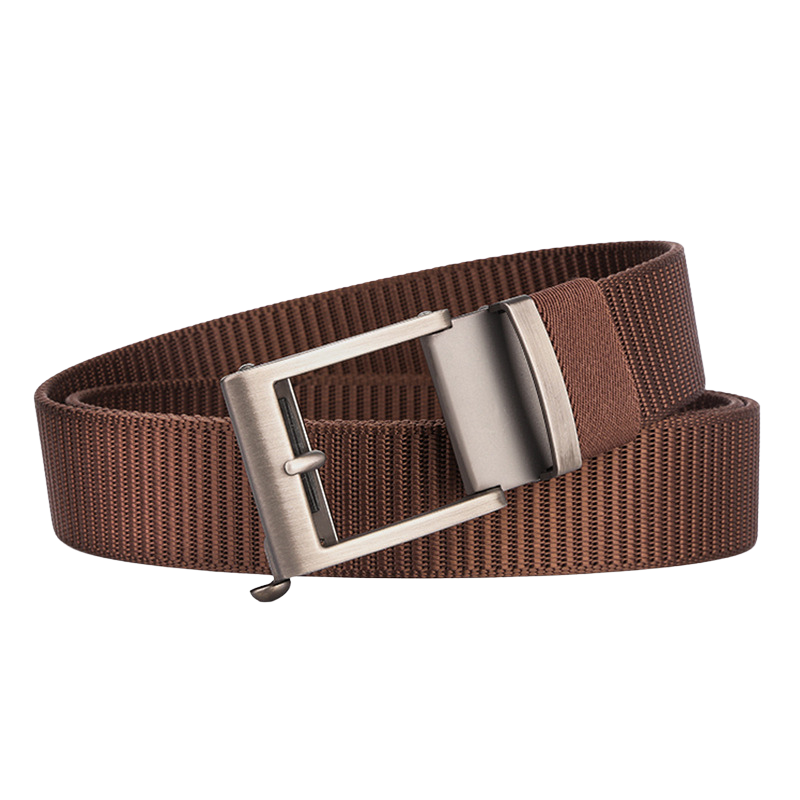 Ceinture Cambronne pour homme en tissu marron avec boucle rectangulaire argentée à dégagement rapide.