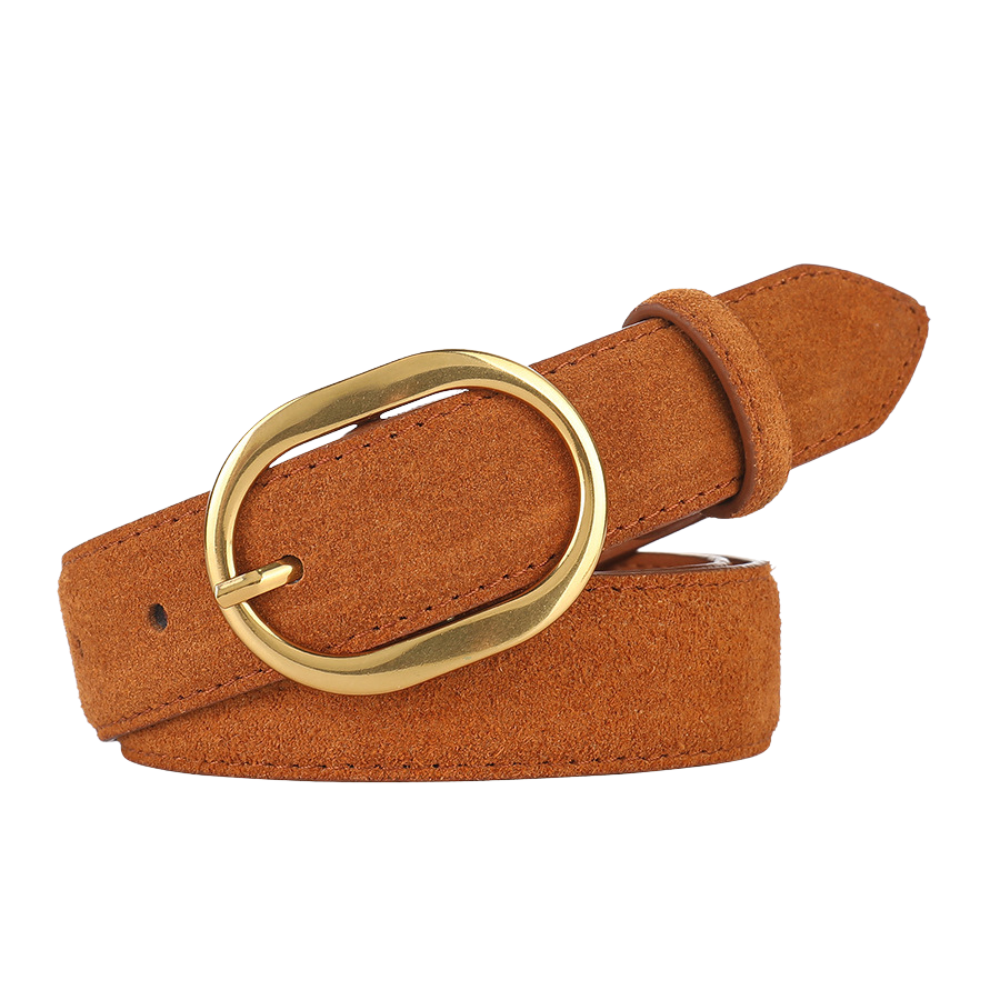 Ceinture femme Camée en cuir suédé marron avec une boucle ovale dorée brillante.