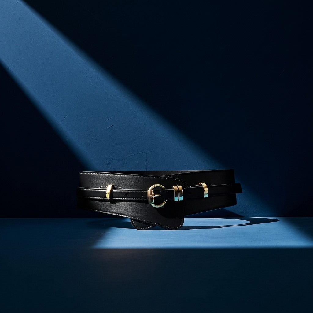 Ceinture Camélia noire en cuir lisse avec une boucle ardillon dorée en forme de cercle et un design modulable. Fond bleu #fullwidth