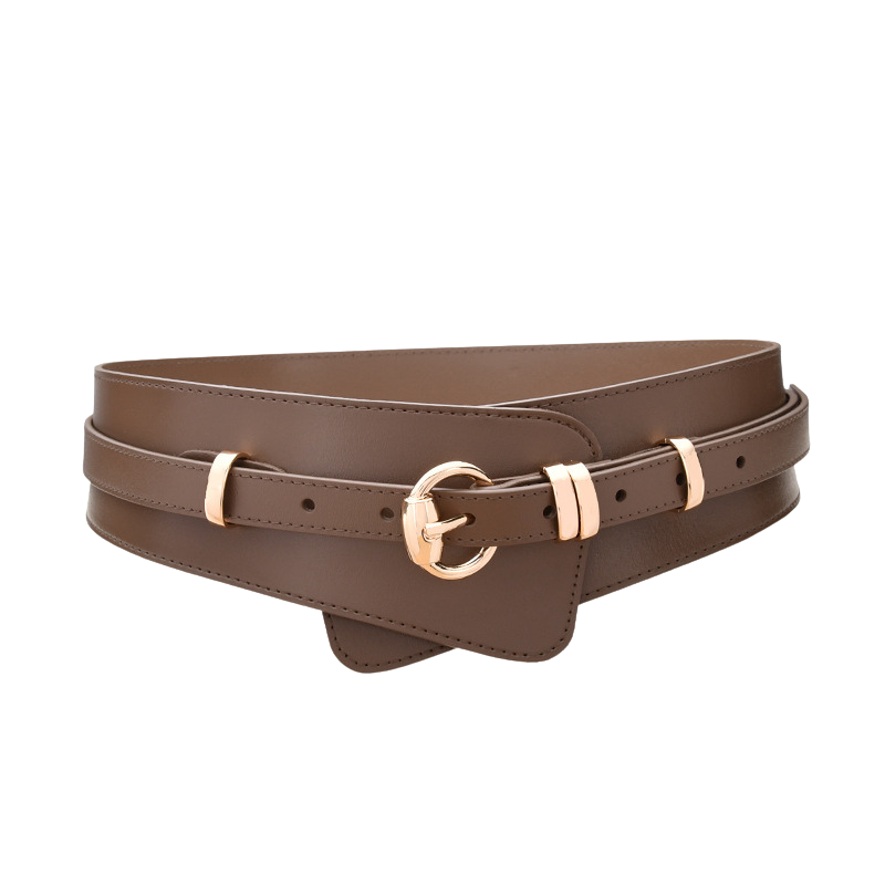 Ceinture Camélia en cuir marron clair pour femme, avec boucle ardillon dorée en forme de cercle et lanière fine décorative.