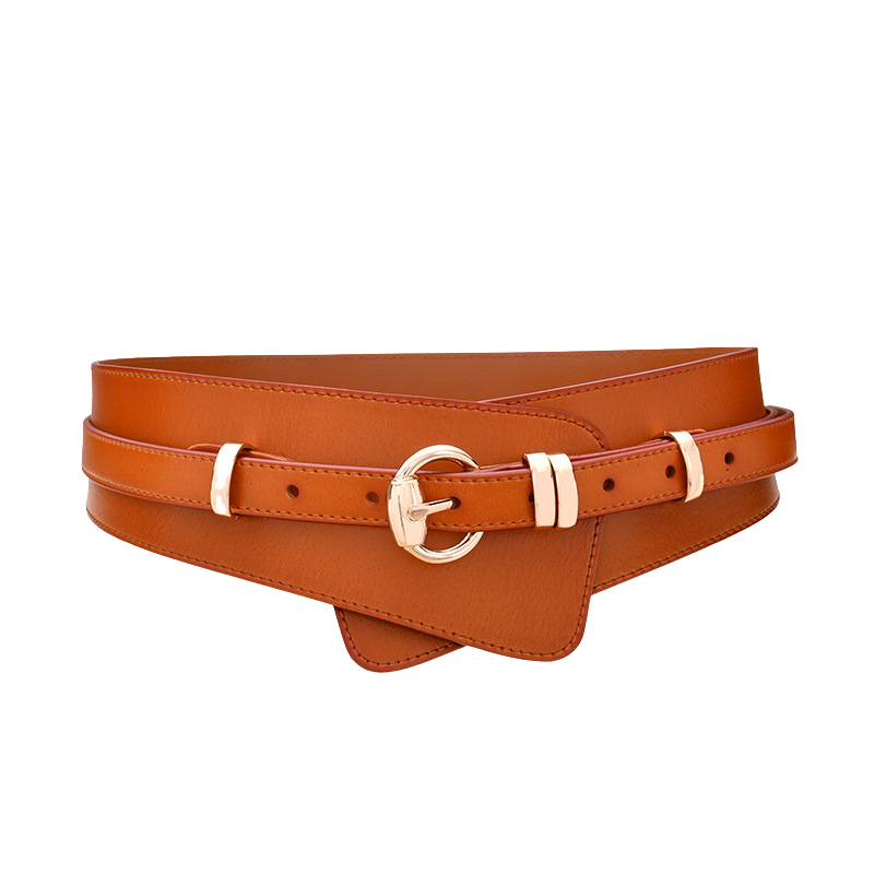 Ceinture Camélia en cuir de vachette marron, avec une boucle ardillon dorée en forme de cercle et des passants assortis. La lanière fine de 1,5 cm s'intègre à une partie décorative plus large pour un effet ceinturé élégant.
