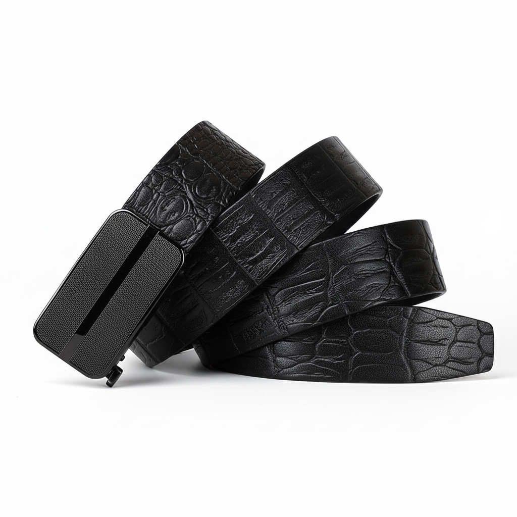 Ceinture Camille 2 noire en cuir de vachette pleine fleur avec un relief crocodile embossé et une boucle automatique en acier inoxydable noir. #fullwidth