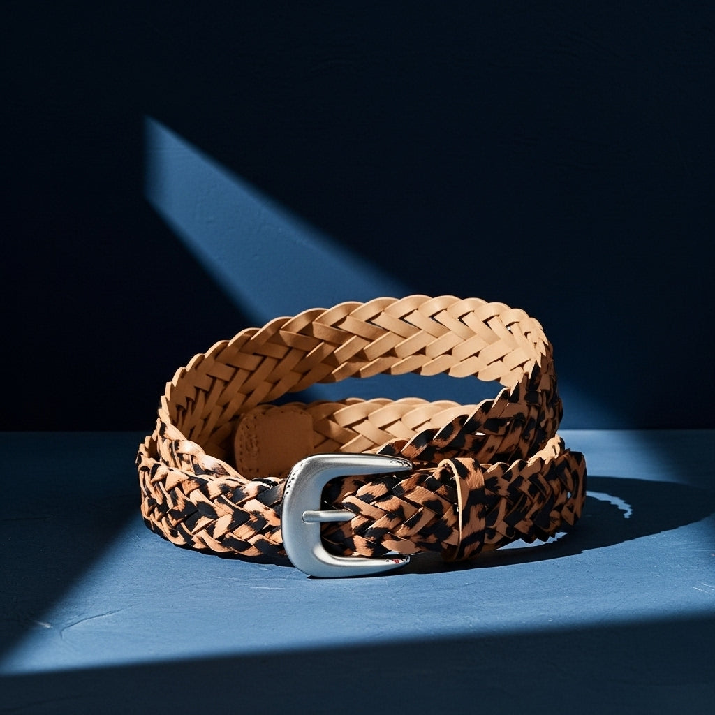 Ceinture femme Camille en simili cuir tressé à la main, avec un motif léopard marron et noir, et une boucle ardillon argentée arrondie. #fullwidth